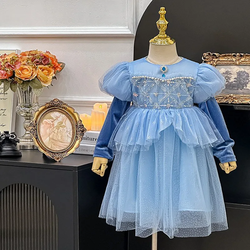 Весенне-осеннее детское платье для девочек сетчатое с блестящими рукавами и
