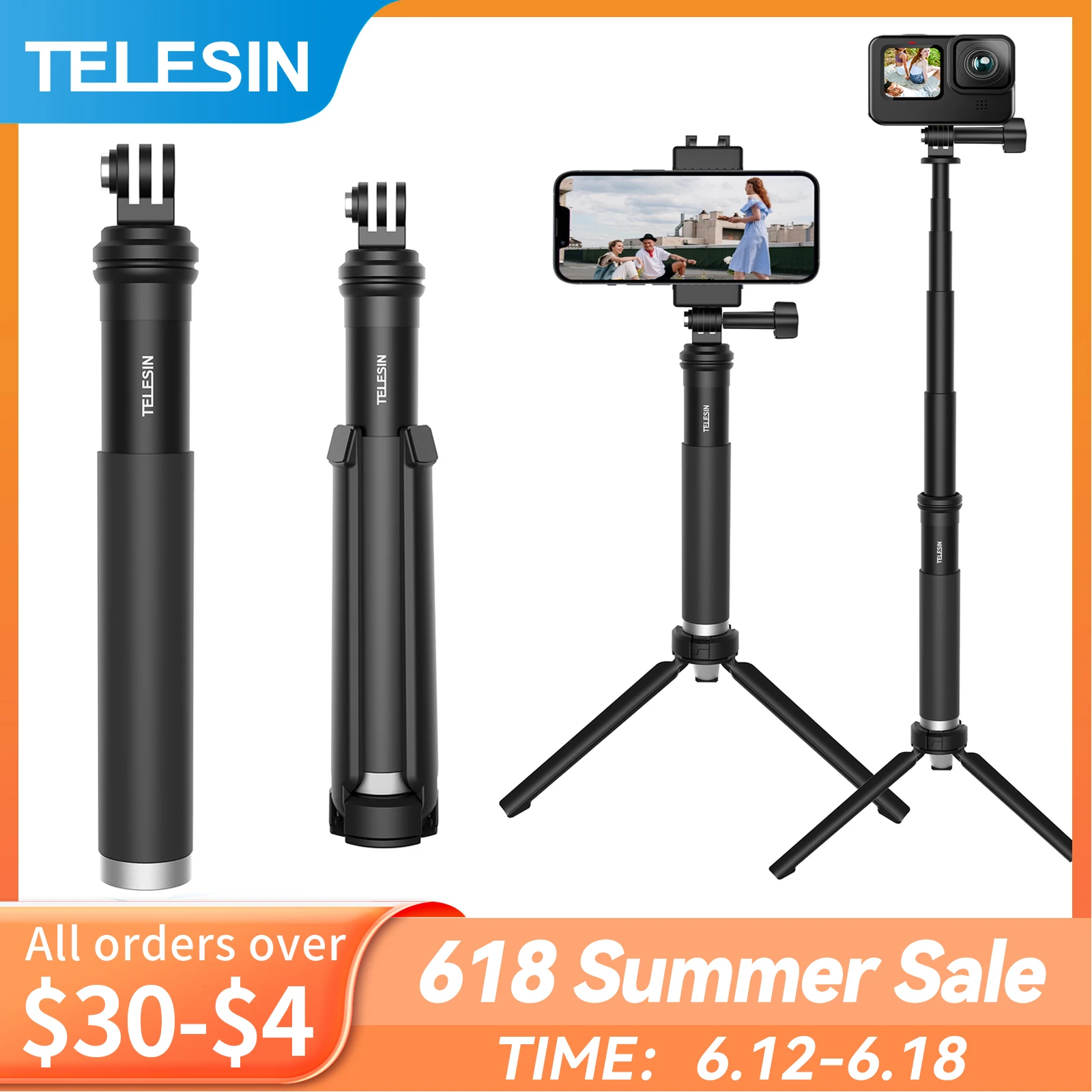 TELESIN For GoPro Selfie Stick Foldable Tripod Phone Holder Aluminum Alloy Monopod for DJI Action Insta360 Smartphone