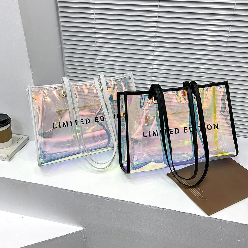 

Women Transparent Bag PVC Hologram Laser Letter Pattern Shoulder Bag Large Capacity Jelly Shopping Tote Summer Beach HandBag