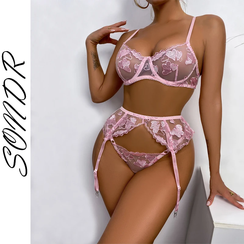 SONDR-sexy​ underwear for woman, sexy ladies underwear, pink heart embroidery cute girl, three-piece suit