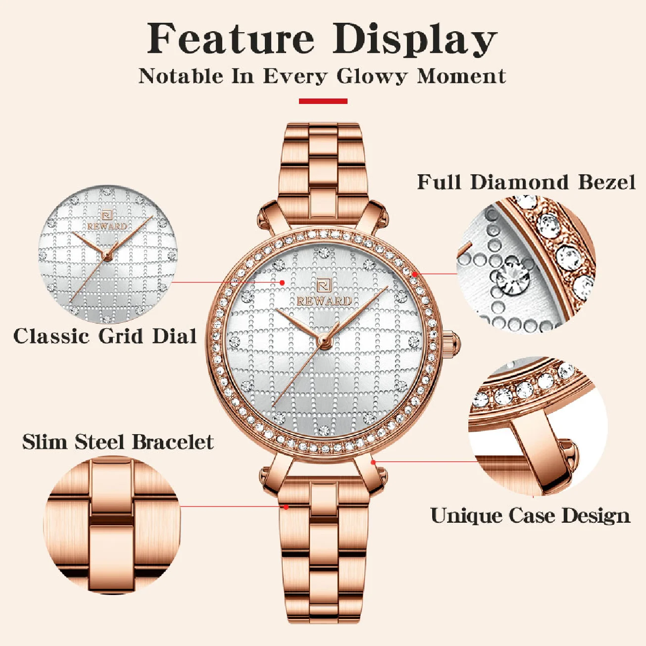 REWARD New RoseGold Watch Women Fashion Luxury Simple Women's Bracelet Quality Watches Stainless Steel Waterproof Wristwatch enlarge