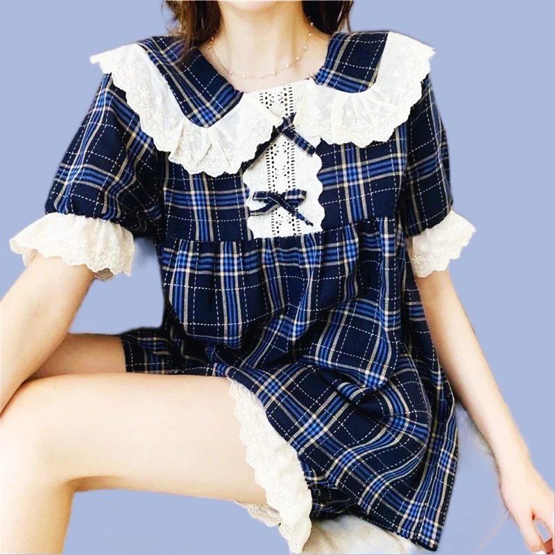 Sexy Pajamas Set Short Sleeve Shorts 2Piece/Set Summer Lace Bow Pyjama Big Size Mom Homewear Cozy Plus Sleepwear