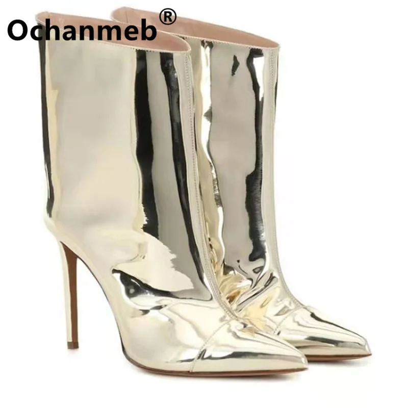

Ochanmeb Sexy Stiletto Heels Patent Leather Boots Gold Silver Wine Red Pointy Toe Slip-on Short Boots Ladies Autumn Winter Party