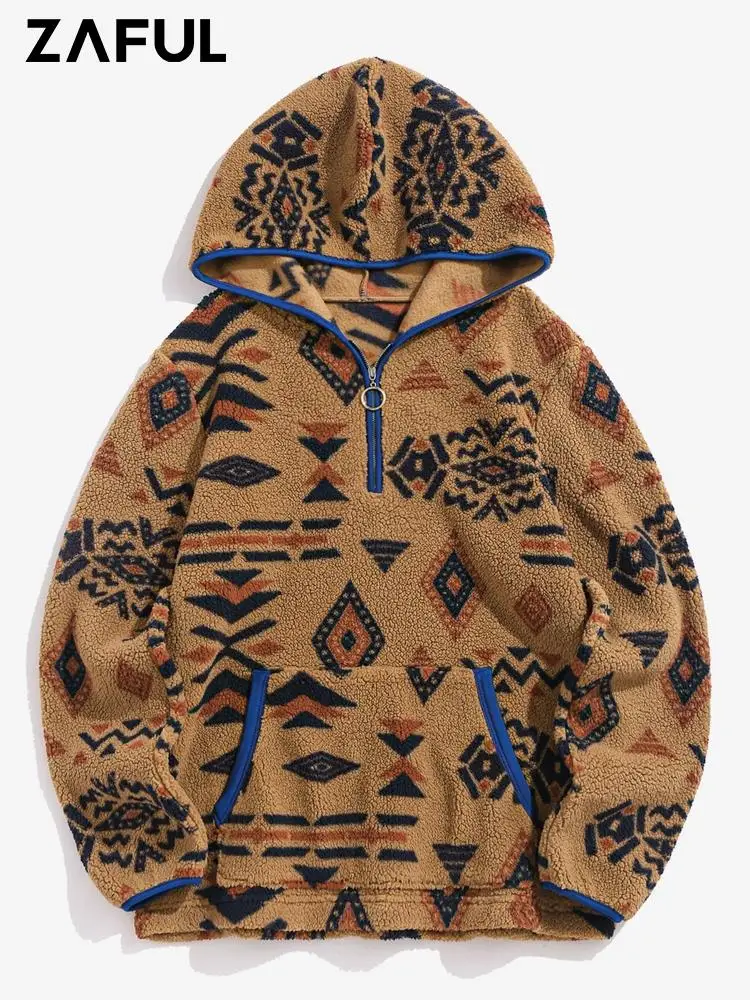

ZAFUL Women's Ethnic Print Winter Hoodie Hooded Pullover Tops Sweaters Zip Pocket Pullover Faux Fur Teddy Sweatshirt Hoodies