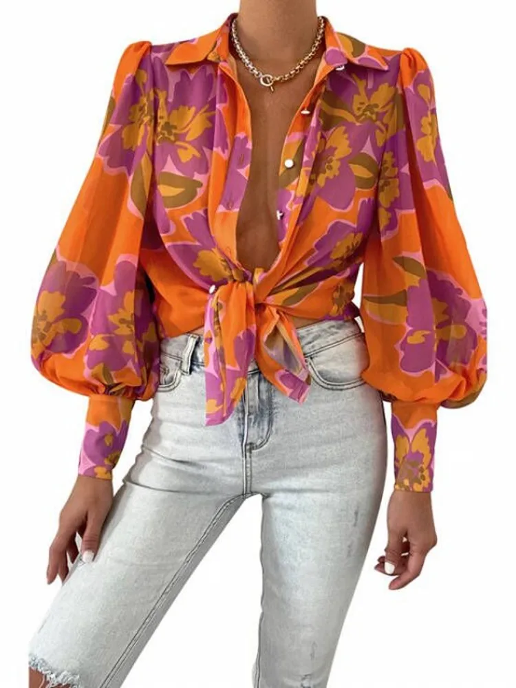 

Chiffon Blouses Women Lantern Sleeve Single Breasted Tops Tunic 2022 Summer New Floral Print Fashion Streetwear Shirts Blusa Top