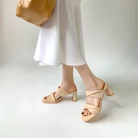 2022 summer new high heeled slippers simple style with square toe open toe sandals