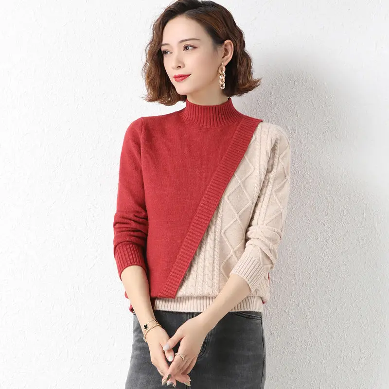 

2022 Autumn Winter New Sweater Woman Mock Neck Pullover Casual Warm Long Sleeve Knitted Tops Cashmere Female Sweater W137