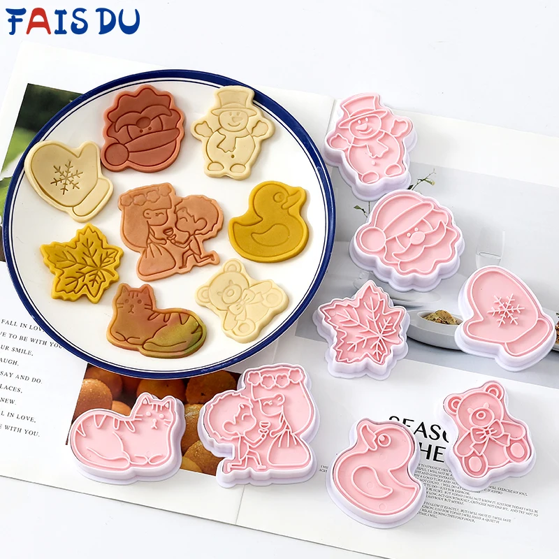 

FAIS DU 6-8Pcs/set Christmas Cookie Cutters 3D Cartoon Pressable Biscuit Mold Kitchen Baking Pastry Cookies Stamp Bakeware Tool