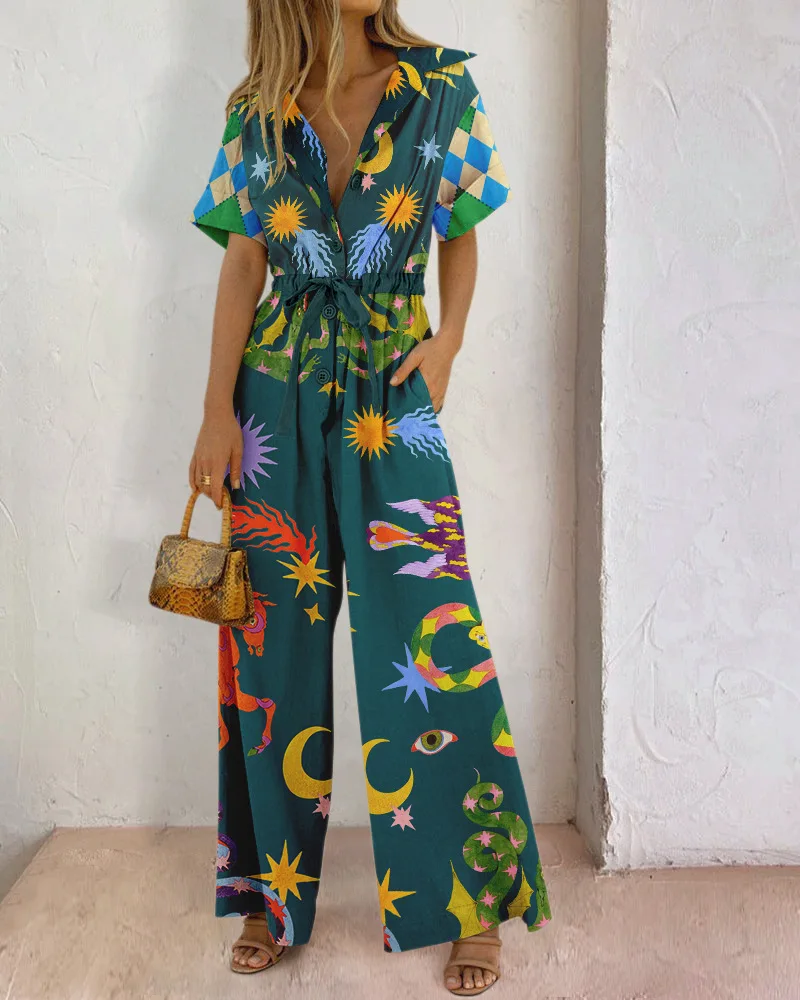 

Jumpsuits Women 2023 Summer New Cotton And Linen Short Sleeve Color Printed Leace-up High Waist Wide Leg Jumpsuit Bohemian Style