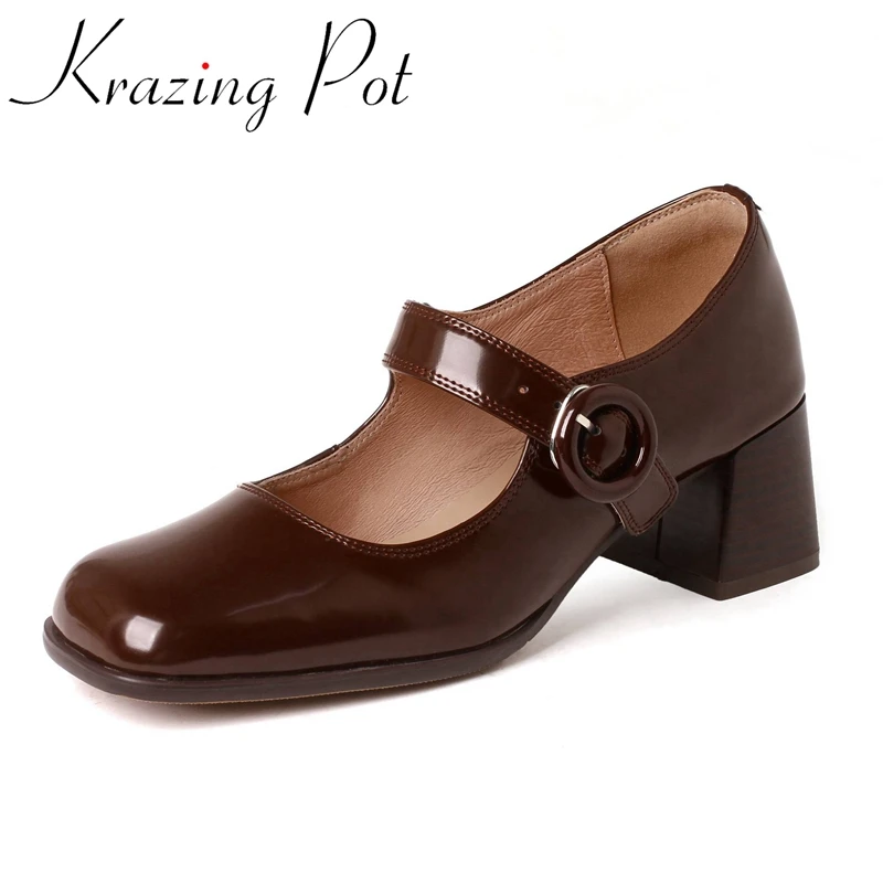 

Krazing Pot Internet Star Cow Split Leather Square Toe High Heel Mary Janes Sweet Shallow Preppy Style Buckle Strap Maiden Pumps
