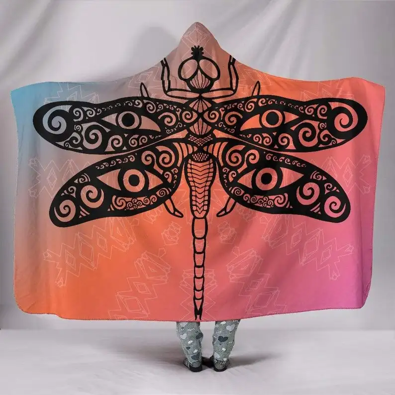 

Dragonfly, Swirly Wings, Hippie, Hooded Blanket, With Hood, Handcrafted Lotus, Spiritual, Custom Made Quilt, Plush Sherpa Fleece