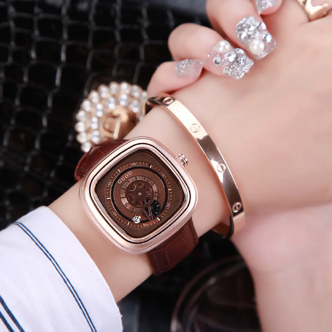 2018 Fashion Guou Square Unisex Watch Men Ladies Quartz Wrist Watch Casual Leather Reloj Hombre Date Rose Gold Women Dress Clock enlarge