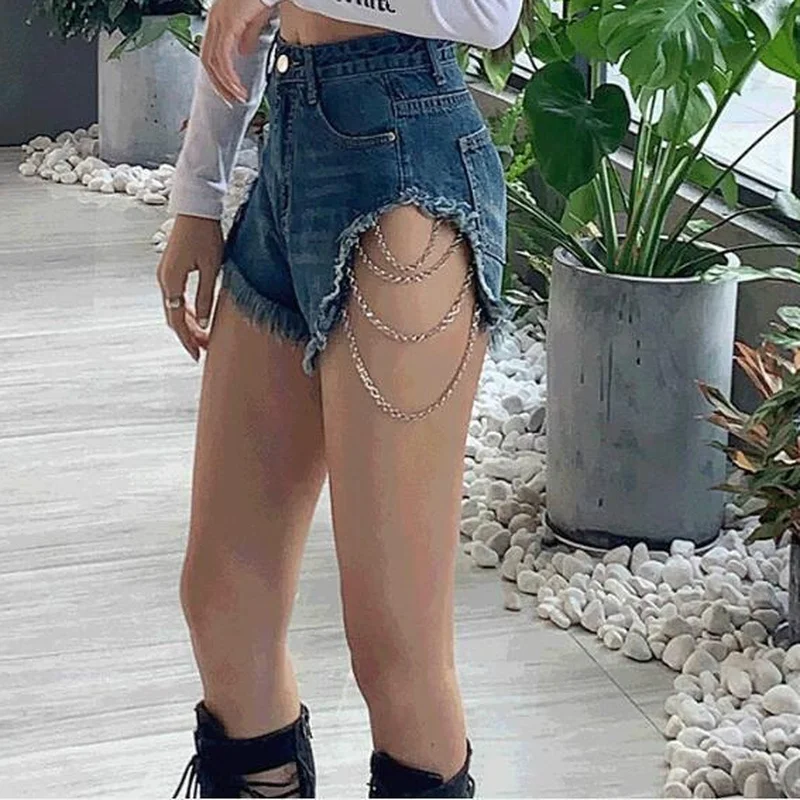 2021 Women Blue Hole High Waist Streetwear Shorts Bottoms Sexy Fringe Denim Short Jeans All-Match Summer Lace Up Skinny Shorts