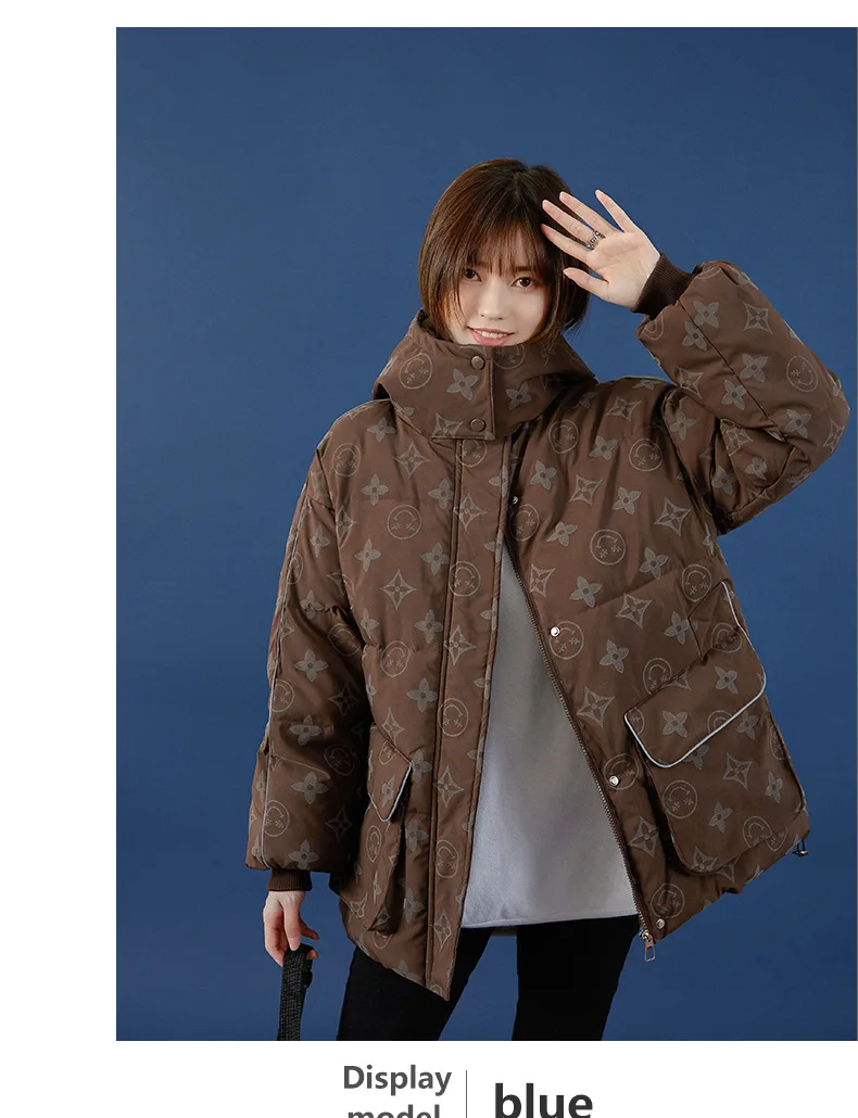 2022 New Printed Down Jacket Women's Loose Hooded Reflective Fashion Cute Luminous Warm Simple Jacket
