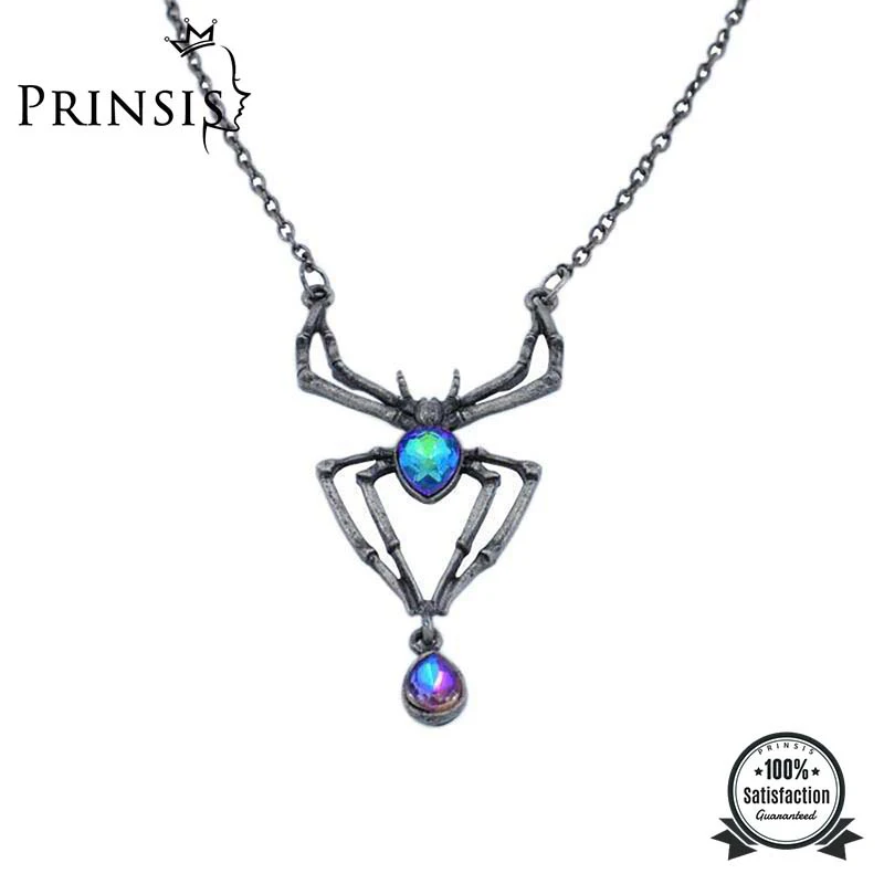 PrinSis Новое модное ожерелье Хэллоуин винтажная циркониевая черная ожерелье с пауком циркониевая подвеска цепочка для женщин и девочек P254