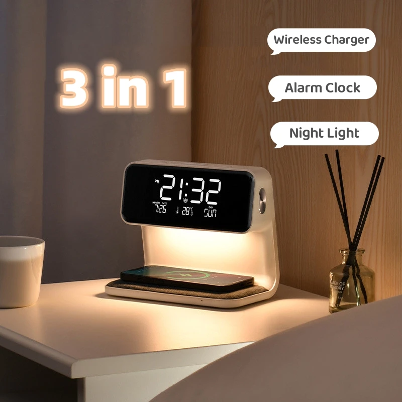 

Креативная прикроватная лампа 3 в 1, Беспроводная зарядка, ЖК-экран, будильник, беспроводное зарядное устройство для телефона для Iphone