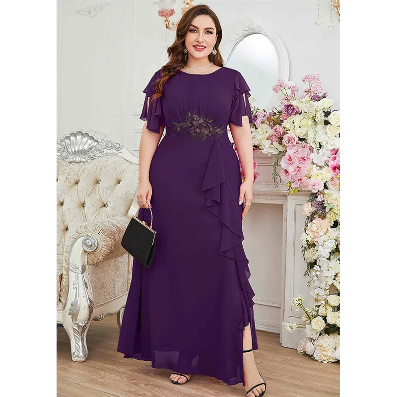 Plus Size Summer Purple Red Chiffon Dress Luxury Wedding Ruffle Applique Plus Size Crew Neck Mixi Dress For Women