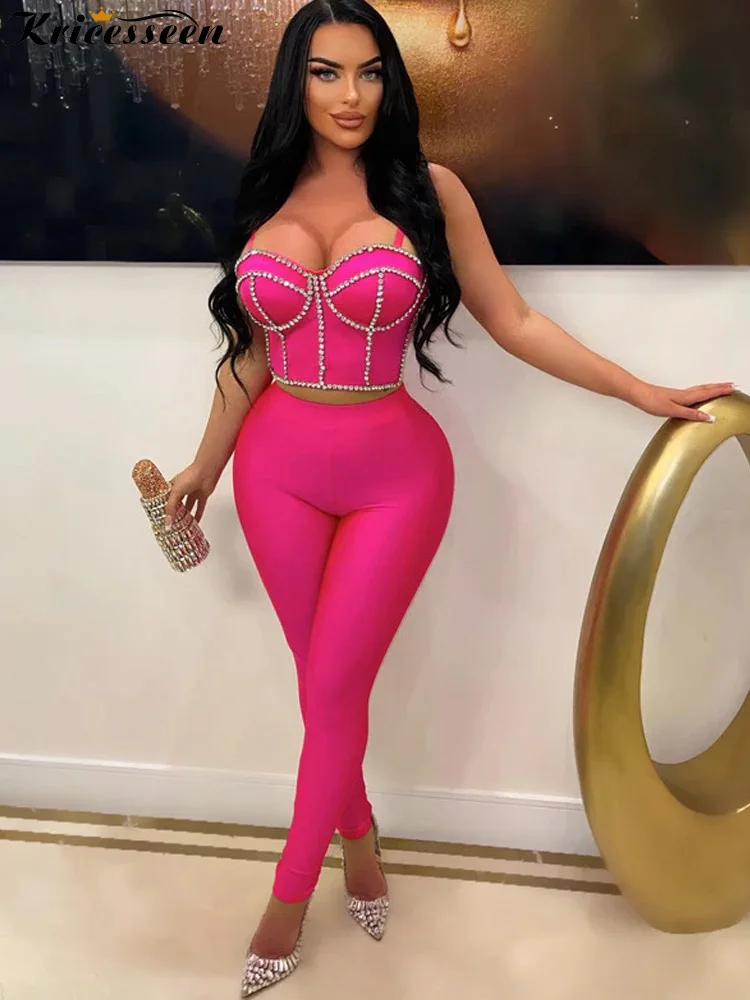 

Kricesseen Glam Crystal Corset Women's Clothing Set 2 Pieces Birthday Outfits Luxury Sequin Matching Legging Set Party Club Wear