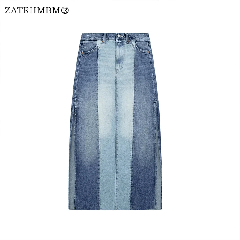 

ZATRHMBM Women 2023 New Fashion Patchwork Denim Midi Skirt Vintage Side Slit Zip Fly High-Waisted Female Skirts Mujer