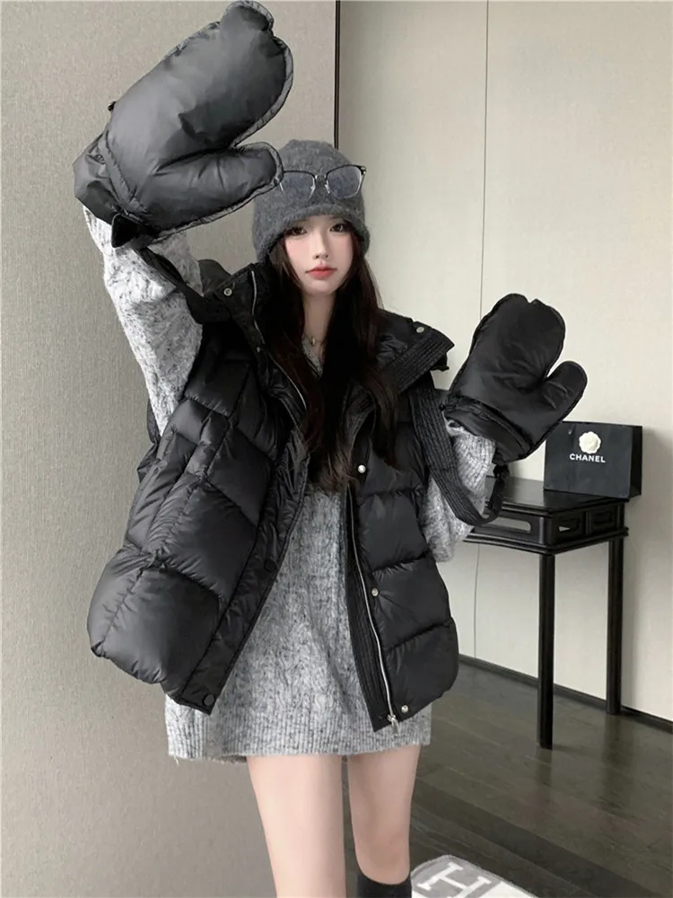 Fashion Suit Women's Winter American Sleeveless Hooded Gloves Waistcoat Cotton Down Jacket V-neck Pullover Sweater Two-piece Set