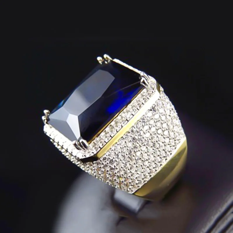 

New Diary 2021 Gold Color Inlaid Rectangular Blue Zircon Men's Ring Wedding Party Male Rings Jewelry Hand Accessories Size 6-10