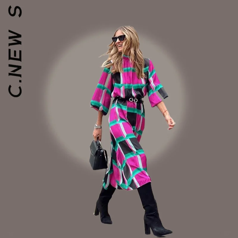 Женское длинное платье с высоким воротом винтажное принтом и рукавом 2022 в