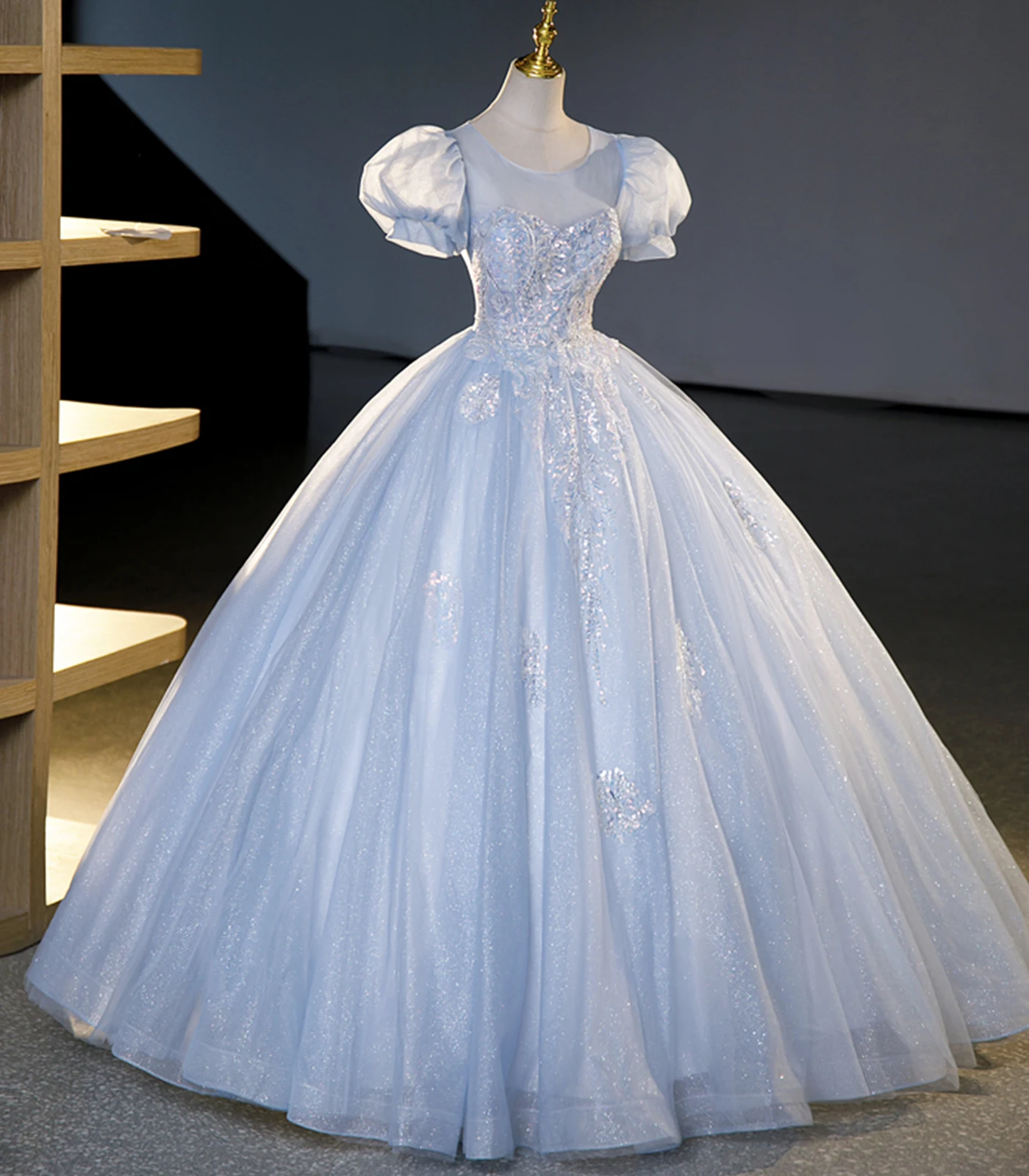 

17121#IENA Fairy Baby Blue O neck Puffy Prom Dress Lace With Sequin Beads Long Wedding Formal Party Bridesmaid Gowns