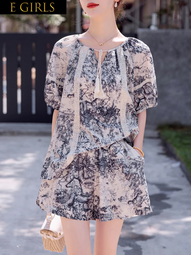 

F GIRLS Shorts Suit Women 2023 Summer Boho National Style Casual Loose Short Sleeved Tops+Wide-Leg Pants Two Piece Set Female Ov