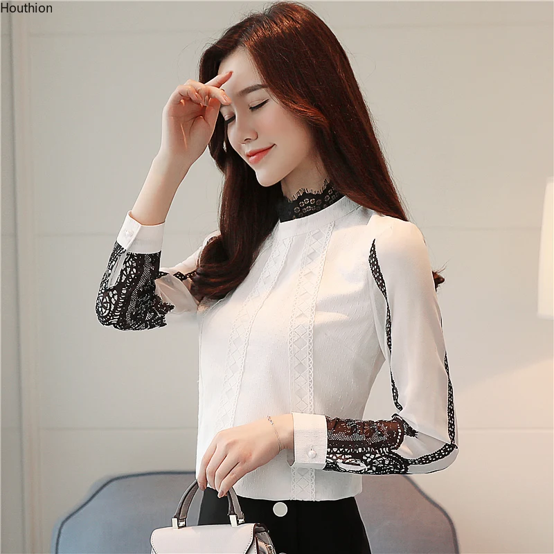 

Chiffon Women's Blouses Fashion Solid Shirt Casual New Korean Long Sleeve Top Lace O-Neck Female Clothing