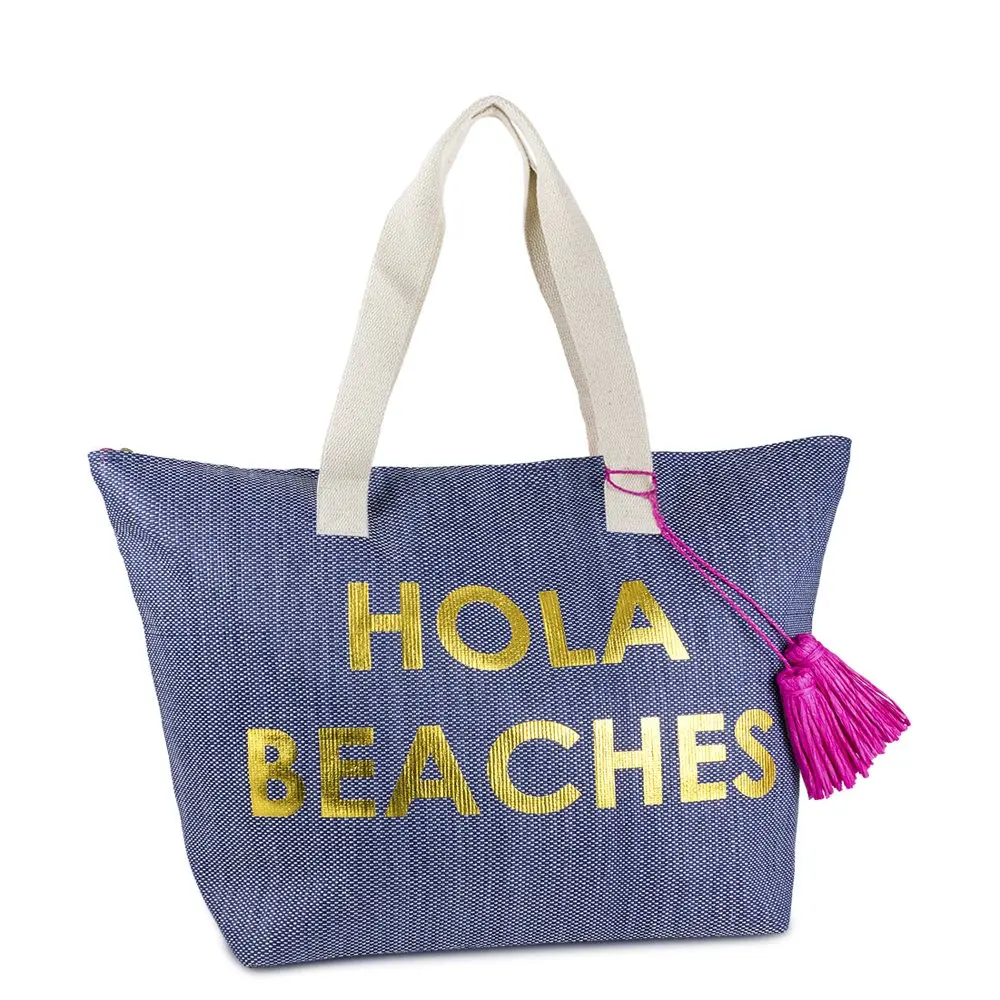 Women`s Hello Beaches Denim Insulated Paper Straw Tote Bag with Metallic Writing  Tassels and Double Flat Handle