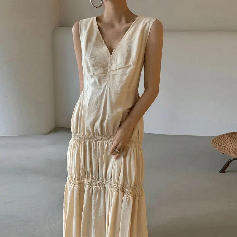 

SuperAen 2022 Summer Solid Simple V-neck Pleated Ruffle Sleeveless A Line Vest Dress for Women