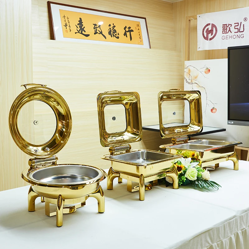 

Gold Chaffing Dishes Glass Top Royal Food Warmer Commercial Buffet chaffing dish luxury for Hotel