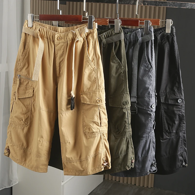

Loose Straight Tube Summer Men's Casual Pure Cotton Multi Pocket Overalls Shorts Calf-length Pants Trend Fashion Cargo Pants