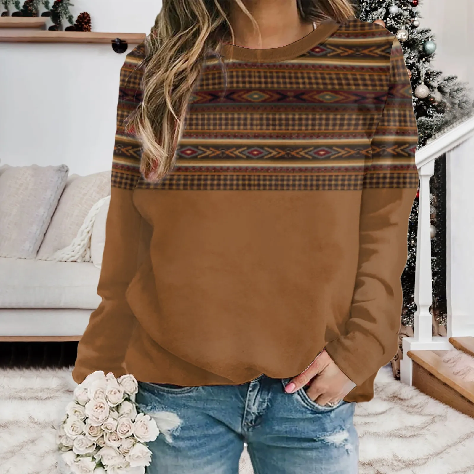 

Autumn Winter Retro Hoodie Western Ethnic Geometric Aztec Sweatshirt Women's Casual Round Neck Vintgae Blouse Loose Sweatshirts
