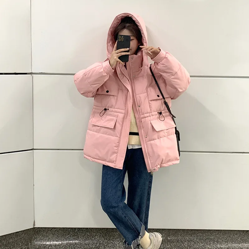 Tooling Thick Padded Winter Jacket Coat Down Cotton Women Short Style Drawstring Loose Hooded Female 2022 New Winter Clothes