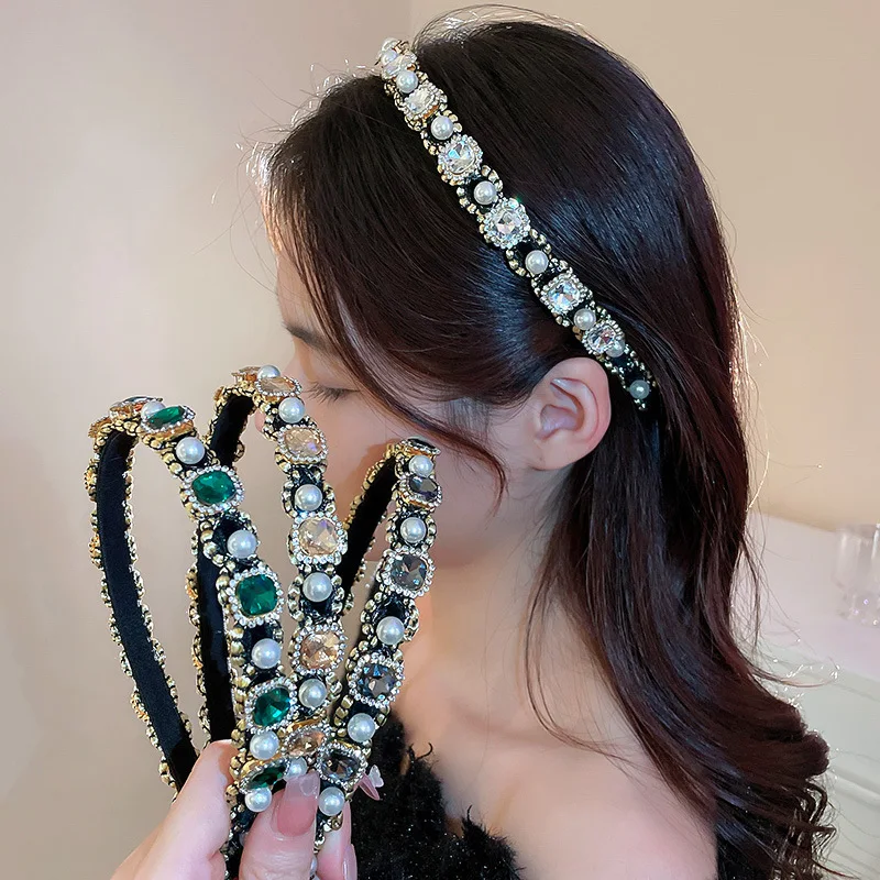 

Minar Luxury 4 Colors Bling Bling Square Round Rhinestones Simulated Pearl Hairbands for Women Headband Vintage Hair Accessories