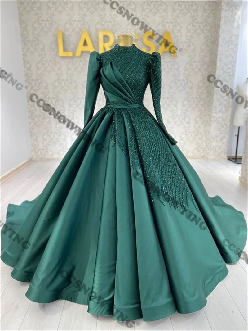 

Атласные вечерние платья в мусульманском стиле с аппликацией из бисера, с длинным рукавом, в исламском стиле, вечерние платья с высоким воротником для женщин