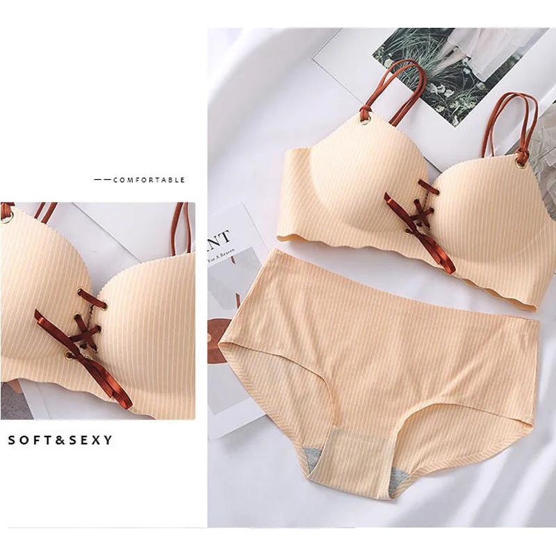 Korean Style Striped Seamless Bras Pink Bralette Push Up Bras and Panty Sets for Women Underwear Brasieres Ropa Interior Mujer