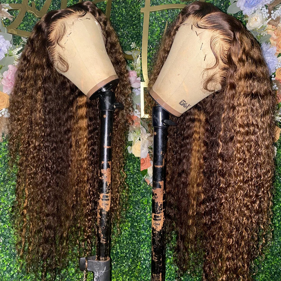 

30 32 Inch Highlight Ombre Lace Frontal Wig Curly Human Hair Wigs 4/27 Colored 13x4 Deep Wave T Part Lace Closure Wigs For Women