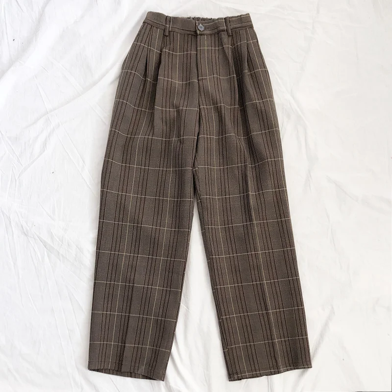

Women Pants Plaid High Waist Dropping Feeling High Waist Wide Leg Long Suit Pants