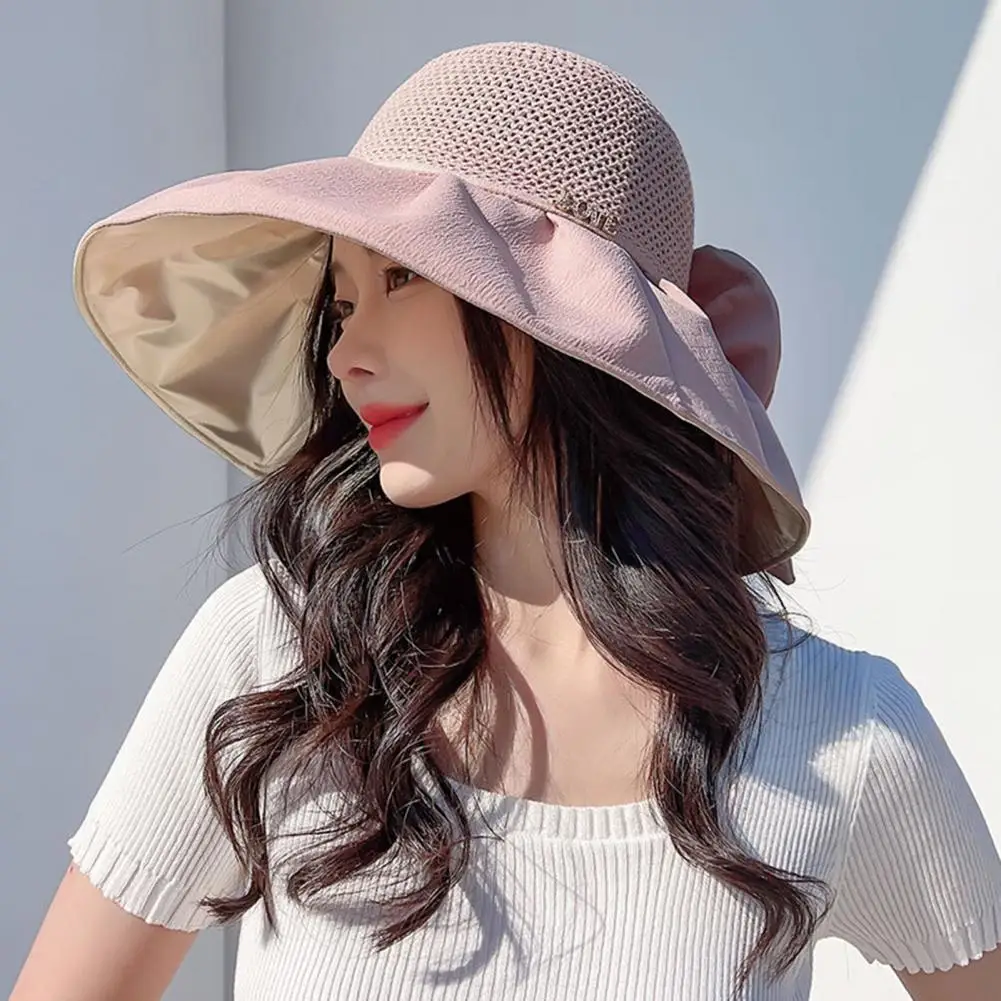 

Women Fisherman Hat Sunscreen Wide Brim Anti-UV Hollow Out Breathable Bow-knot Decor Women Sun Hat Summer Headwear