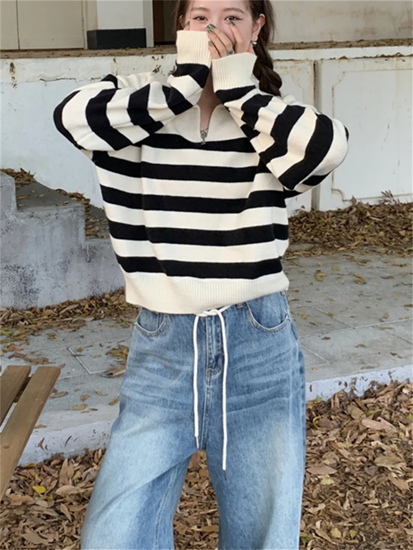 Женский трикотажный свитер с полосками Alien Kitty повседневный Свободный пуловер