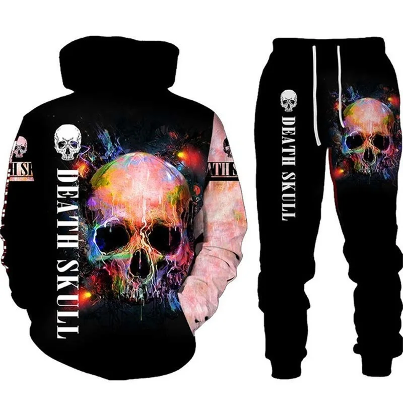 Autumn Winter Men Tracksuit Sets Skulls Letter Printed Hoodie Outfit Hip HOP Clothing Sweatshirts Pants 2Piece Hooded Sport Suit
