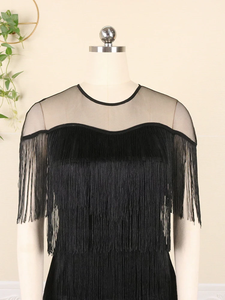 2022 Plus Size Elegant Tassel Long Dresses Bodycon Tulle Patchwork Curvy Women Clothes Birthday Evening Party Event Gowns Dress