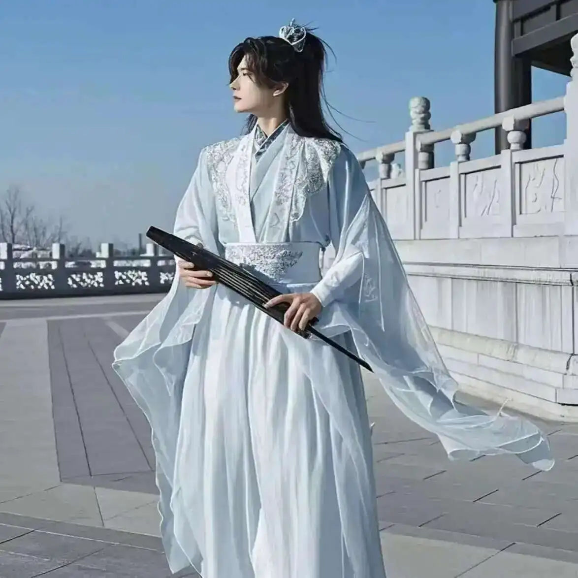 Фото Большой размер 3XL Hanfu, мужской белый костюм с китайской вышивкой, древний комплект Hanfu, костюм для косплея на Хэллоуин, светло-синий Hanfu №5