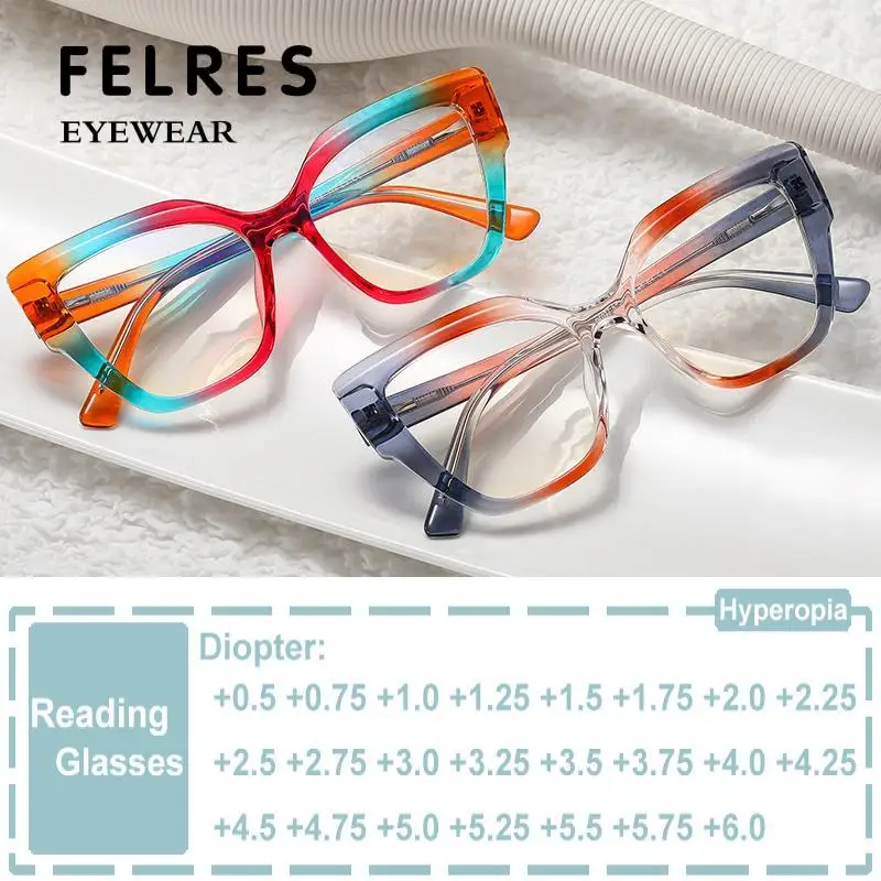 

Fashion Oversized Square Glasses Rainbow Reading Glasses Women Luxury Brand Anti Blue Light Prescription Presbyopia Eyeglasses