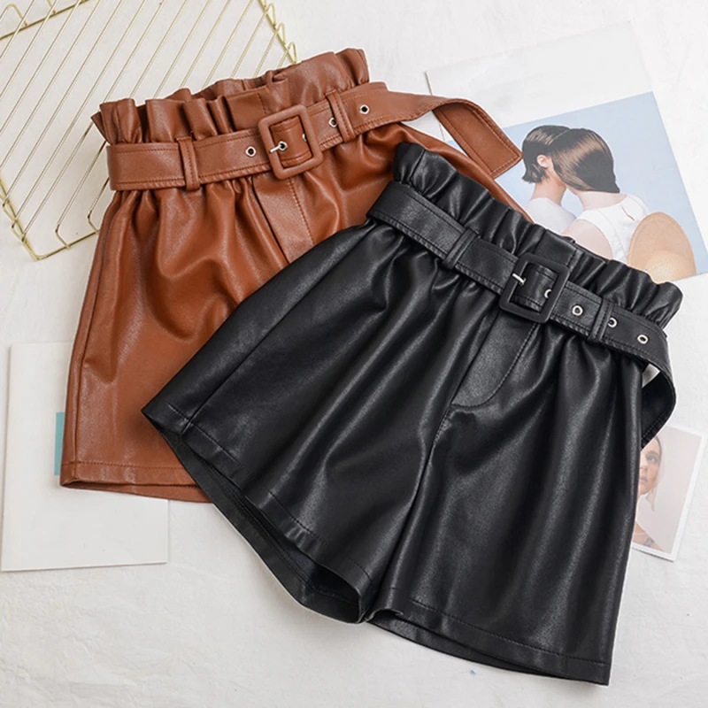 

2023 New PU Leather Shorts Women Shorts All-match Sashes Wide Leg Short Ladies Sexy Leather Shorts Autumn Winter