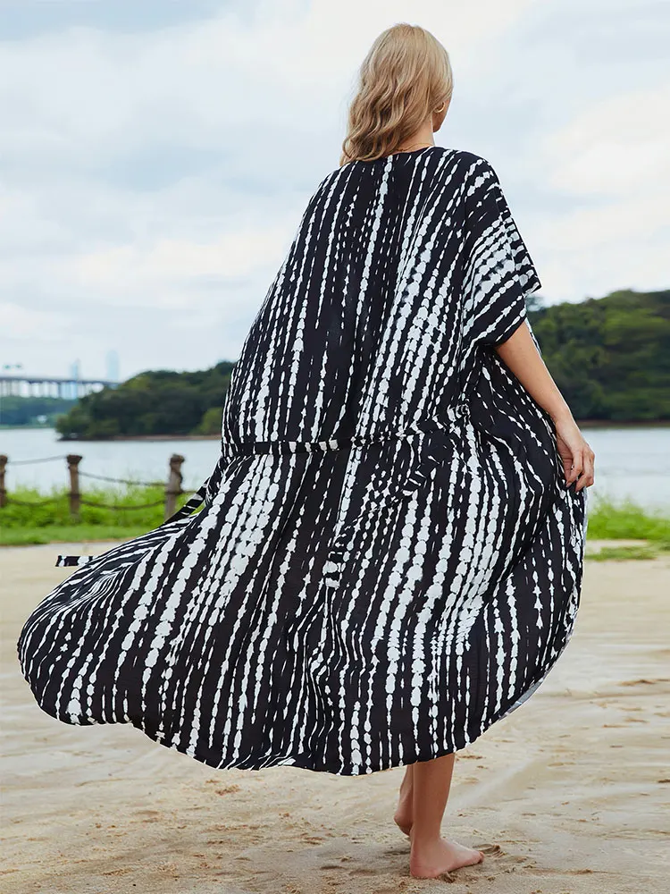 2023 накидки на бикини, черное клетчатое Летнее Длинное кимоно в стилеретро с самостоятельным поясом, пляжная одежда, накидка для плавания Q1225