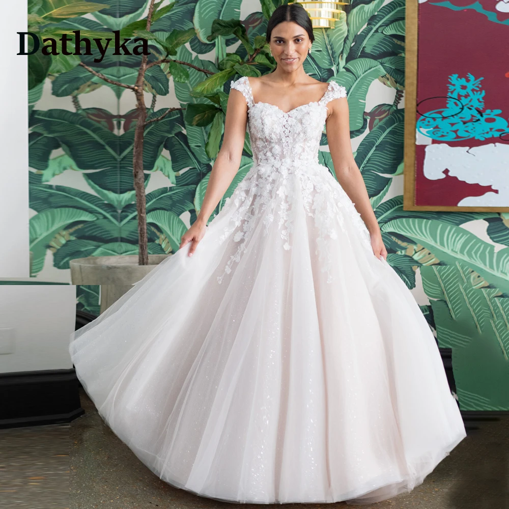 

Блестящие тюлевые Свадебные платья Dathyka, коллекция 2023 года, с рукавами-крылышками для невесты, с 3D аппликацией, открытой спиной, молнией и пуговицами, на заказ