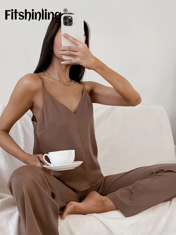 

Fitshinling Set 2 Pieces Backless Solid Trousers Loungewear Women V-neck Sleeveless Summer Casual Women's Home Clothes Outfits